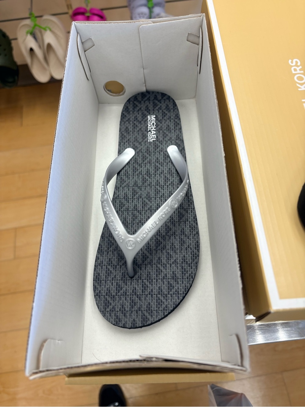 Michael Kors Silver and Charcoal Logo Flip Flop Sandal